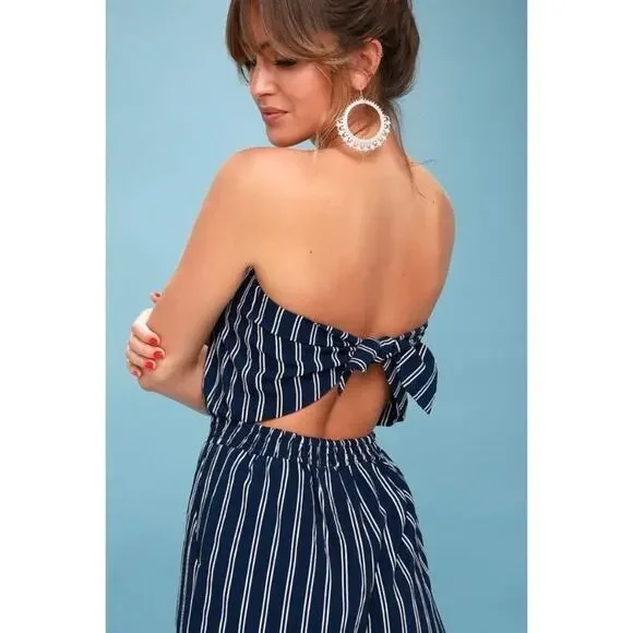 Lulus Jumpsuit Saltwater and Sun Navy Blue Striped Strapless Midi Women’s M - Picture 3 of 13